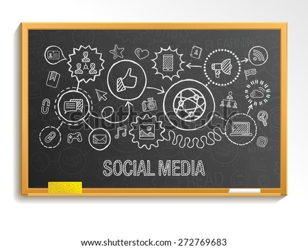 Social media hand draw integrate icons set on school board. Vector sketch infographic illustration. Connected doodle pictogram: internet, digital, marketing, media, network, global interactive concept