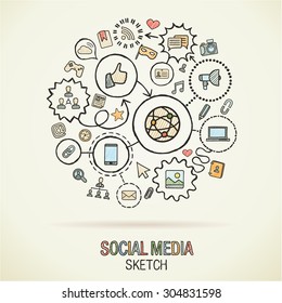 Social media hand drawing hatch icons. Vector doodle integrated pictogram set. Sketch infographic illustration on paper: internet, digital, marketing, connect, technology, global connected concepts