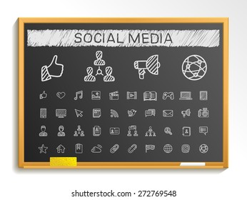 Social media hand drawing line icons. Vector doodle pictogram set: chalk sketch sign illustration on blackboard with hatch symbols: post, like, blog, forum, share, online, profile, relationship.