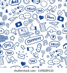 Social media in hand drawn doodles seamless pattern background