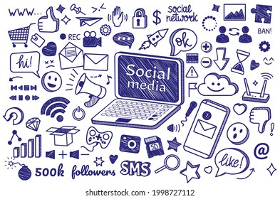 Social media hand drawn doodles. Internet signs and symbols. Blogging, online communication, digital marketing line sketches vector set. Laptop and mobile phone with message notification