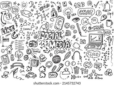 Social media hand drawn doodles, vector illustration on white background