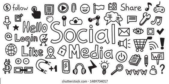 Social Media hand drawn icon set. Sketch of like, www, internet messaging concepts. Technology icons - click, wifi, shopping, light bulb, user and other. Vector drawing art