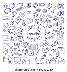 Social Media Hand Drawn Icons Set. Computer And Network Doodle Vector Illustrations. Network Media Sketch Icons, Social Media Doodle