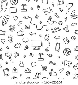 Social media hand drawn seamless pattern. Outline internet icons on white background. Vector illustration.