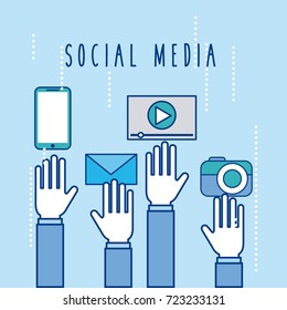 social media hands raised application network icons