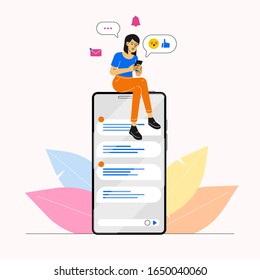 Social media. Happy woman or girl sitting on a huge smartphone and using own smartphone spending time in social media. Texting and chatting. Internet icons on his head. Vector character illustration