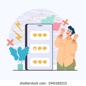 Social media harassment trolling cyber bullying concept. Vector cartoon flat graphic design illustration