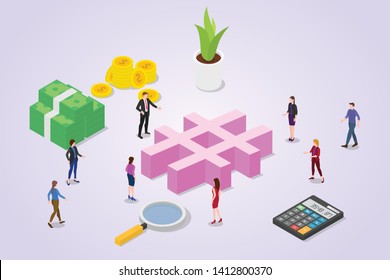 social media hashtag concept with crowd people and business icon symbol for business with isometric style - vector