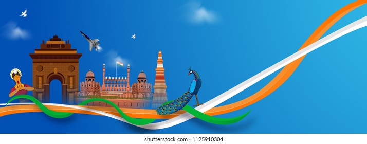 Social media header or banner design with illustration of famous Indian monuments, national bird, fighter aircraft and peace symbol dove on shiny blue background with space for your text.