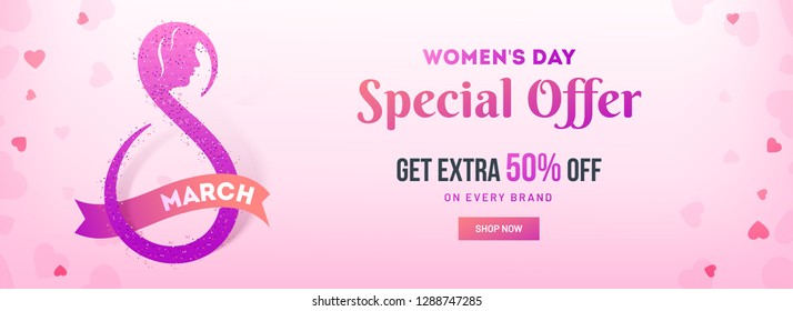 Social media header or banner design with 50% discount offer for Women's Day Sale.