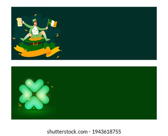 Social Media Header Or Banner With Leprechaun Man Holding Irish Flag, Beer Mug, Coins And Shamrock Leaves On Green Background In Two Options.