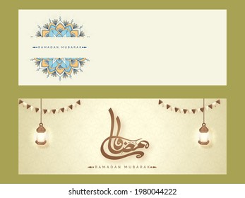 Social Media Header Or Banner Set With Arabic Calligraphy Of Ramadan, Lanterns Hang And Mandala Pattern.