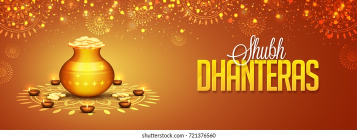 Social media Header decorated with Coin Pot on shiny floral background for Shubh Dhanteras festival.