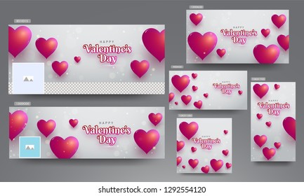 Social media header and poster set decorated with red heart shapes for Valentine's Day.