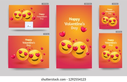 Social media header or poster set with illustration of love emoji on glossy background for Valentine's Day celebration.