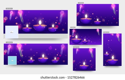 Cabecera, afiche o plantilla de medios sociales con lámparas de aceite iluminadas (Diya) y linternas de papel en fondo morado.
