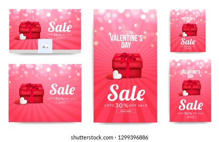 Social media header and template design with gift box and glossy heart shapes for Valentine's Day sale.