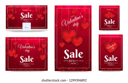 Social media header and template design with decorated with glossy heart shaped for Valentine's Day sale.