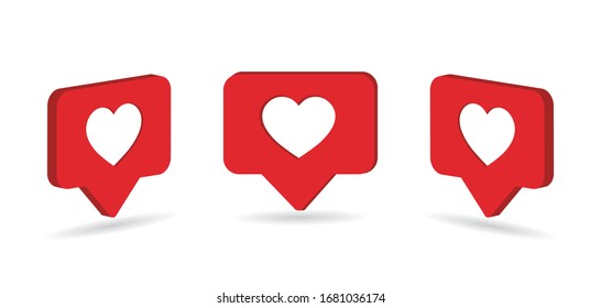 Social media heart icon. Isometric comment like for blog. Flat heart shape for feedback message in perspective position. 3d speech bubble button for app on isolated background. vector illustration