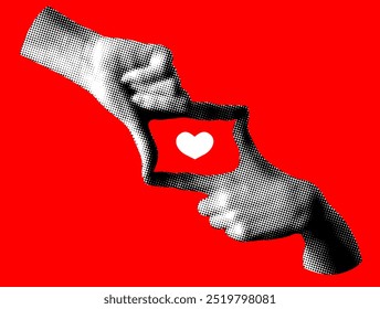 Social media heart reaction inside frame from hands. Hands showing cropping composition gesture. Modern collage. Halftone hands focus on likes