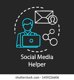 Social media helper chalk icon. Users support operator, consultant. Customer service. SMM manager, digital marketer. Social network. Media network. Isolated vector chalkboard illustration