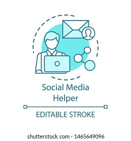 Social media helper concept icon. Users support operator, consultant idea thin line illustration. Customer service. SMM manager, digital marketer. Vector isolated outline drawing. Editable stroke