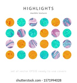 Social media Highlight covers background templates.Set of marble textures.Use as a backdrop for icons or your design.Vector abstract mockup.Colors blue, green, yellow, purple