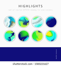 
Social media Highlight covers background templates.Set of marble textures.Use as a backdrop for icons or your design.Vector abstract mockup.Colors blue, green, white