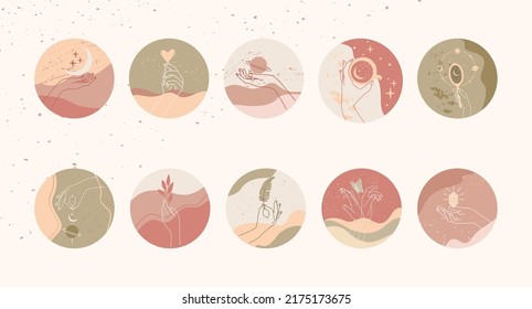 Social media highlight covers or icons with hand drawn mystical and astrology signs. Liner templates logos or emblems hands in different gestures