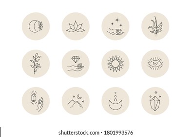Social media highlight covers. Mystic boho set of minimal icons, simple bohemian hand drawn logo design. Vector illustration.
