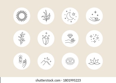 Social Media Highlight Covers. Mystic Set Of Boho Minimal Icons, Simple Bohemian Hand Drawn Logo Design. Vector Illustration.