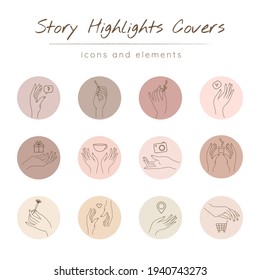 Social media highlight covers set. Stories pastel modern backgrounds with hands in different gestures and minimal variables linear Icons. Vector illustration for bloggers, cosmetologists, stylists