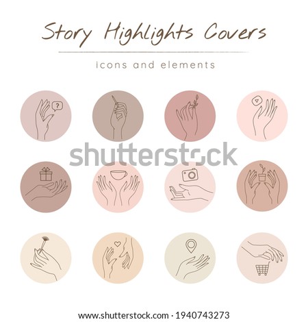 Social media highlight covers set. Stories pastel modern backgrounds with hands in different gestures and minimal variables linear Icons. Vector illustration for bloggers, cosmetologists, stylists