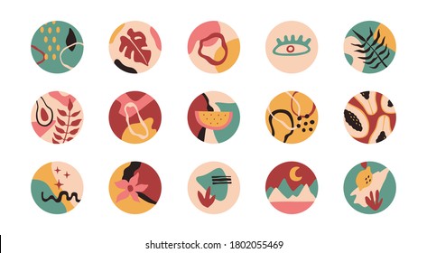 Social media highlights cover. Abstract shapes, flowers, plants in round icons. Collection in flat doodle style, for stories. Vector illustration, isolated on white background.  