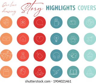 Social Media Highlights Stories Covers. Hand-drawn One Line Icons And Color Palette. Family, Pet, Nature, Spa, Travel And Food, Sport, Fashion, Home. Vector