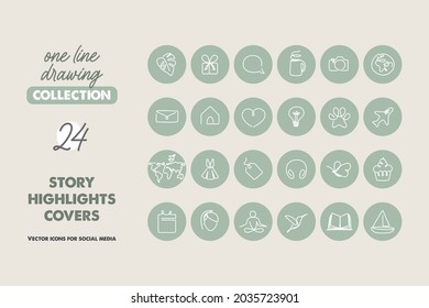 Social Media Highlights Stories Covers. Hand-drawn one line icons and color palette. Family, pet, nature, spa, travel and food, sport, fashion, home. Vector