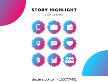 Social media highlights stories. White business icons with purple circle buttons in line style. Vector illustration.