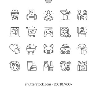 Social media Highlights. It is well suited for bloggers. Story. Coffee time, family, beauty, manicure, pets and other. Pixel Perfect Vector Thin Line Icons. Simple Minimal Pictogram