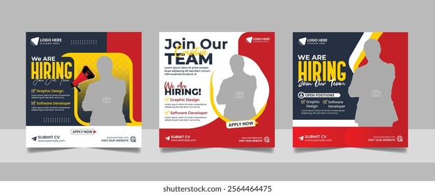 Social media hiring job vacancy digital marketing post banner template set. Business we are hiring employee square flyer design. 