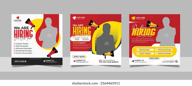 Social media hiring job vacancy digital marketing post banner template set. Business we are hiring employee square flyer design. 