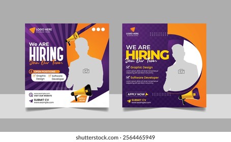 Social media hiring job vacancy digital marketing post banner template set. Business we are hiring employee square flyer design. 