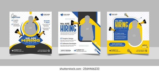 Social media hiring job vacancy digital marketing post banner template set. Business we are hiring employee square flyer design. 