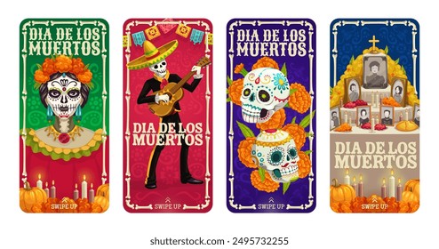 Social media history screen template for Mexican day of the dead dia de los muertos Vector banners with holiday characters Catrina, calavera sugar skulls, mariachi skeleton, altar and marigold flowers