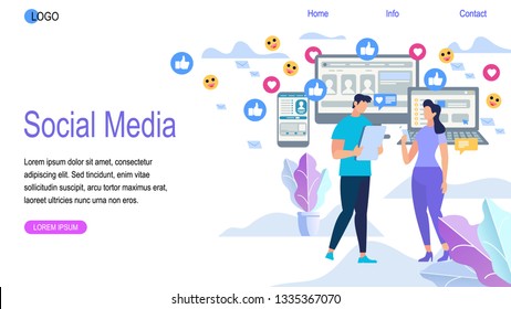 Social Media Horizontal Banner with Copy Space. Young People Write Messages Using Smartphone. Social Networks, Sending E-mail and Phones Texting. Online Communication Cartoon Flat Vector Illustration