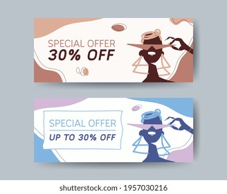 Social media horizontal banner, promo sale concept, different colors. Modern design with woman with glasses in cut out and boho style. Vector backgrounds illustration. For web banner, mobile app.