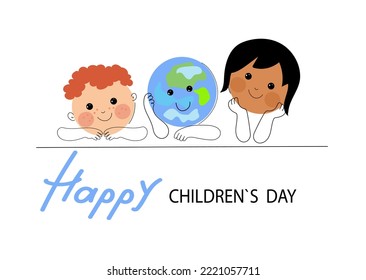 Social media horizontal banner template for World children's day. Funny planet character with happy baby boy , asian baby girl. Vector flat cartoon doodle banner. 
