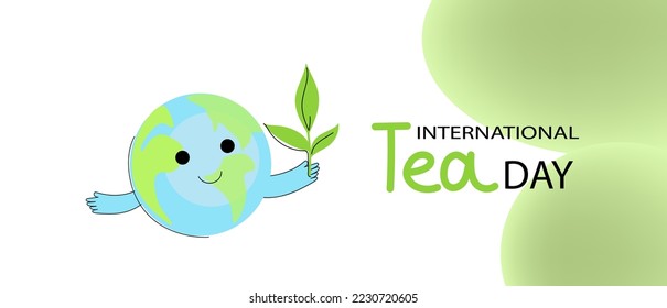 Social media horizontal banner template for International Tea  day. Funny planet character. Vector flat cartoon doodle banner. 