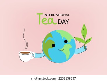Social media horizontal banner template for International Tea  day. Funny planet character. Vector flat cartoon doodle banner. 