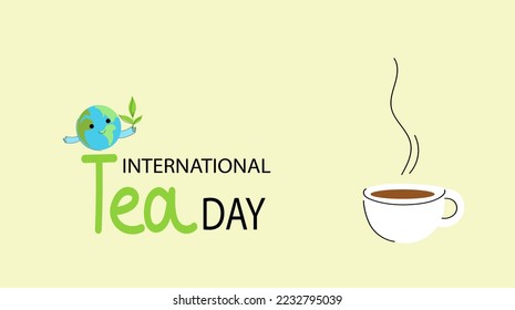 Social media horizontal banner template for International Tea  day. Funny planet character. Vector flat cartoon doodle banner. 
